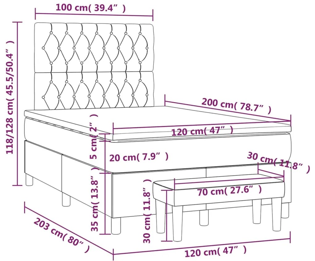 Κρεβάτι Boxspring με Στρώμα Σκούρο Γκρι 120x200 εκ. Υφασμάτινο - Γκρι