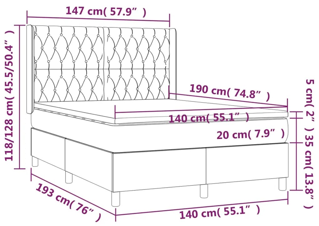 Κρεβάτι Boxspring με Στρώμα &amp; LED Σκ. Γκρι 140x190εκ. Βελούδινο - Γκρι