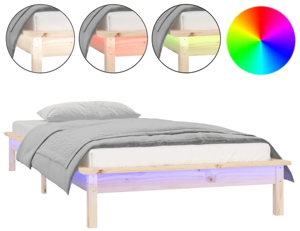 vidaXL Πλαίσιο Κρεβατιού με LED 90 x 190 εκ. Μονό από Μασίφ Ξύλο