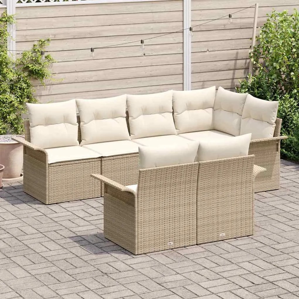 vidaXL Σετ Καναπέ Κήπου με μαξιλάρι 7 pcs Μπεζ Πολυ ράταν