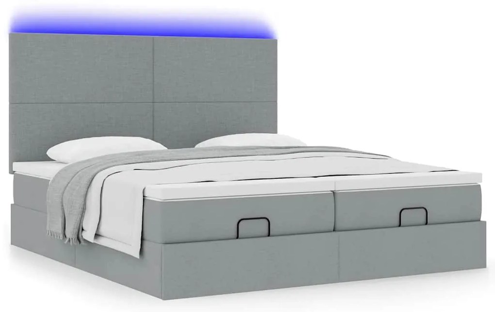 vidaXL Οθωμανικό κρεβάτι με στρώματα & LEDs Ανοιχτό γκρι ύφασμα