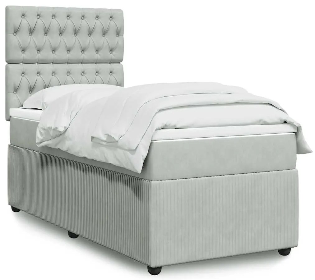 vidaXL Κρεβάτι Boxspring με Στρώμα Ανοιχτό Γκρι 90x200 εκ. Βελούδινο
