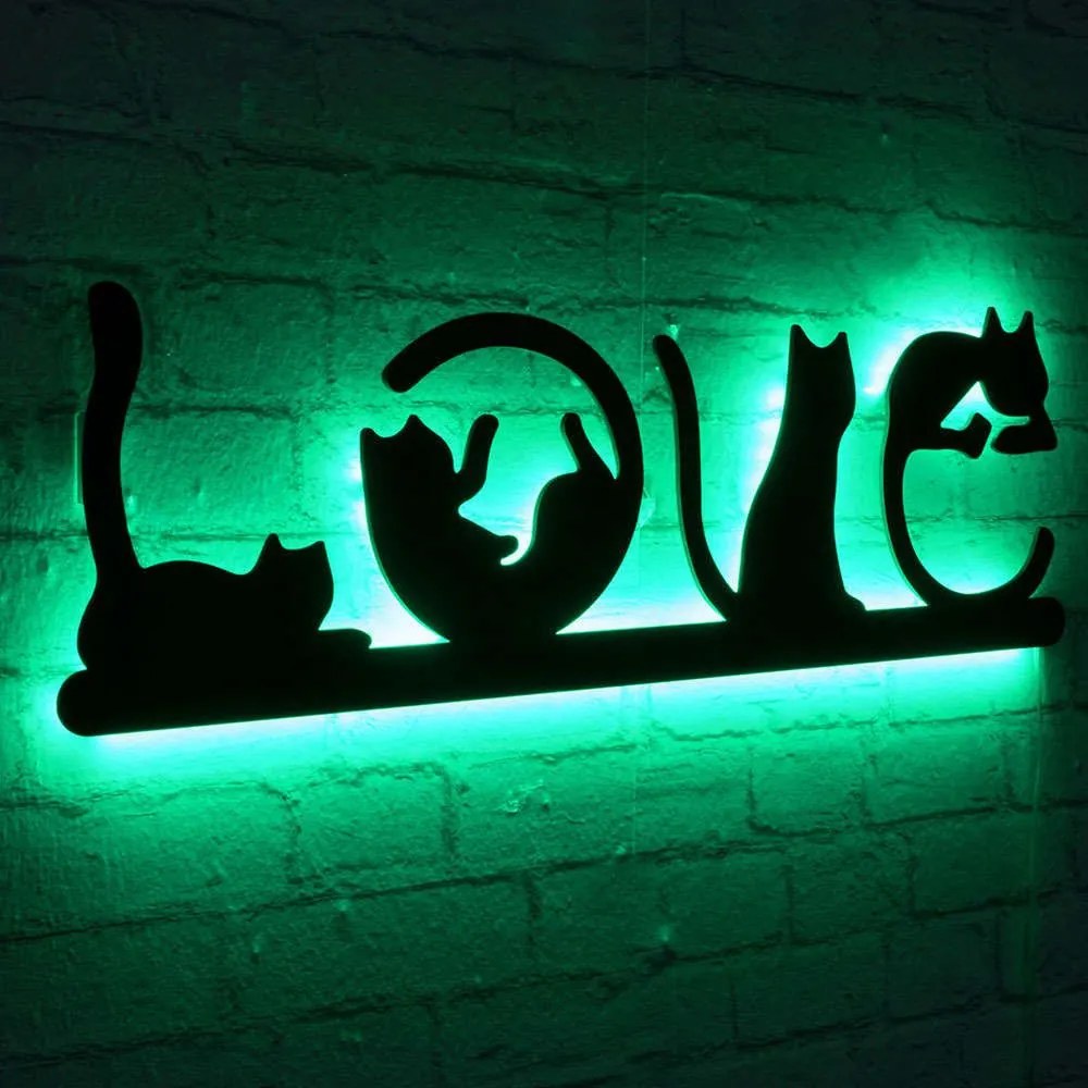 Διακοσμητικό Τοίχου Με Φως Led Cat Love 395NGR1894 70x22cm Green-Black Wallity Mdf