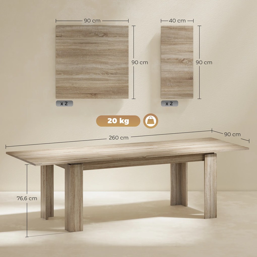 HOMCOM Επεκτεινόμενο τραπέζι τραπεζαρίας, επεκτεινόμενο από 180 έως 260 cm, για 6-10 άτομα, ξύλο