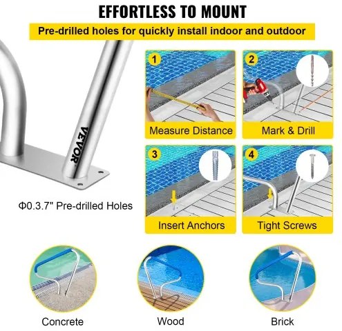 VEVOR Pool Rail 48x36&quot; Pool Railing 304 Stainless Steel 250LBS Load Capacity Silver Rustproof Pool Handrail Humanized Swimming Pool Handrail with Blue Grip Cover &amp; M8 Drill Bit &amp; Self-taping Screws