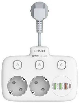 Πολύπριζο 2 Θέσεων με Διακόπτη και 3 USB 2500W Ldnio SE-2435 Λευκό