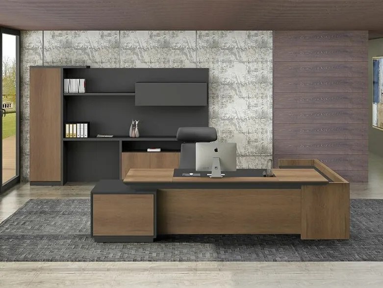 Τραπέζι γραφείου Mesa F100, Γωνιακός, Με συρτάρια, Αριθμός συρταριών: 3, 76x220x200cm, Άγρια δρυς, Μαύρο | Epipla1.gr