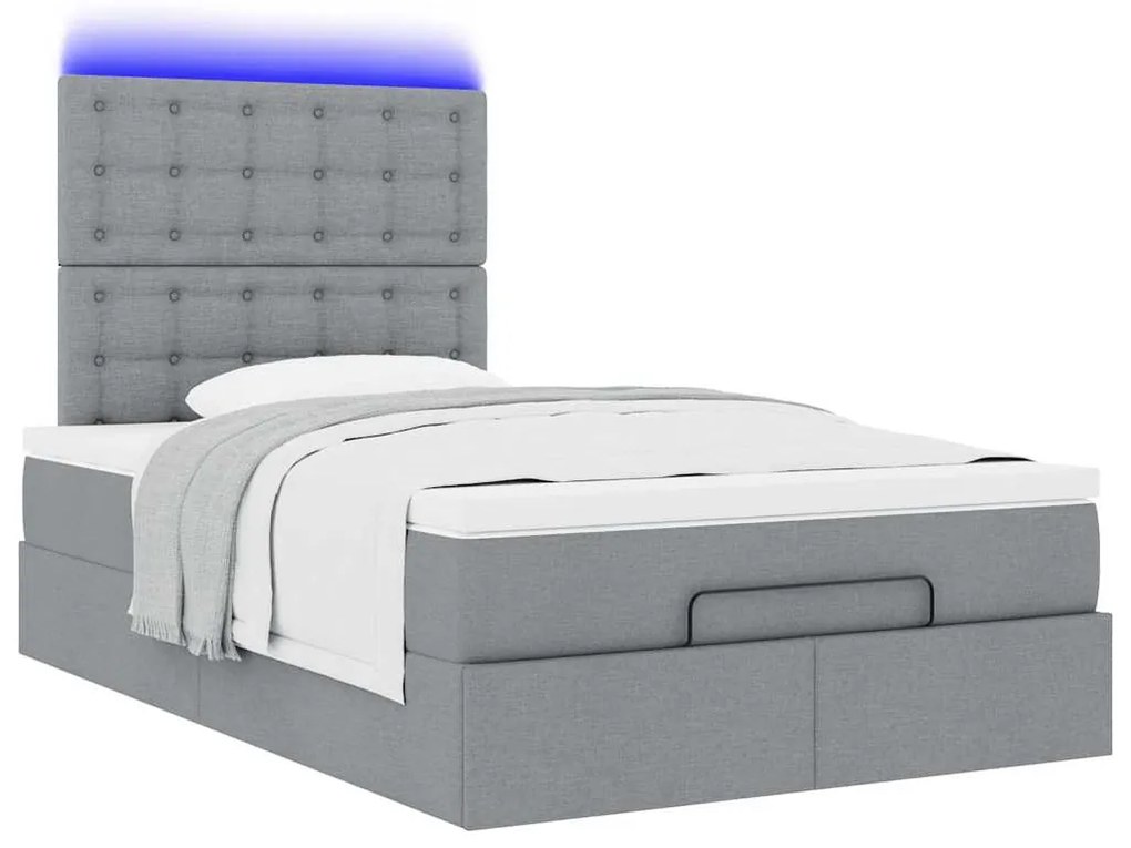 vidaXL Οθωμανικό κρεβάτι με στρώμα & LEDs Ανοιχτό γκρι Ύφασμα