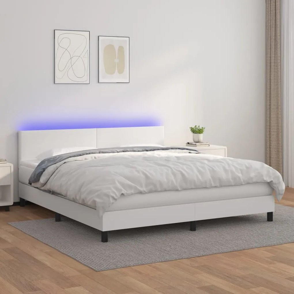 vidaXL Κρεβάτι Boxspring με Στρώμα & LED Λευκό 180x200 εκ. Συνθ. Δέρμα