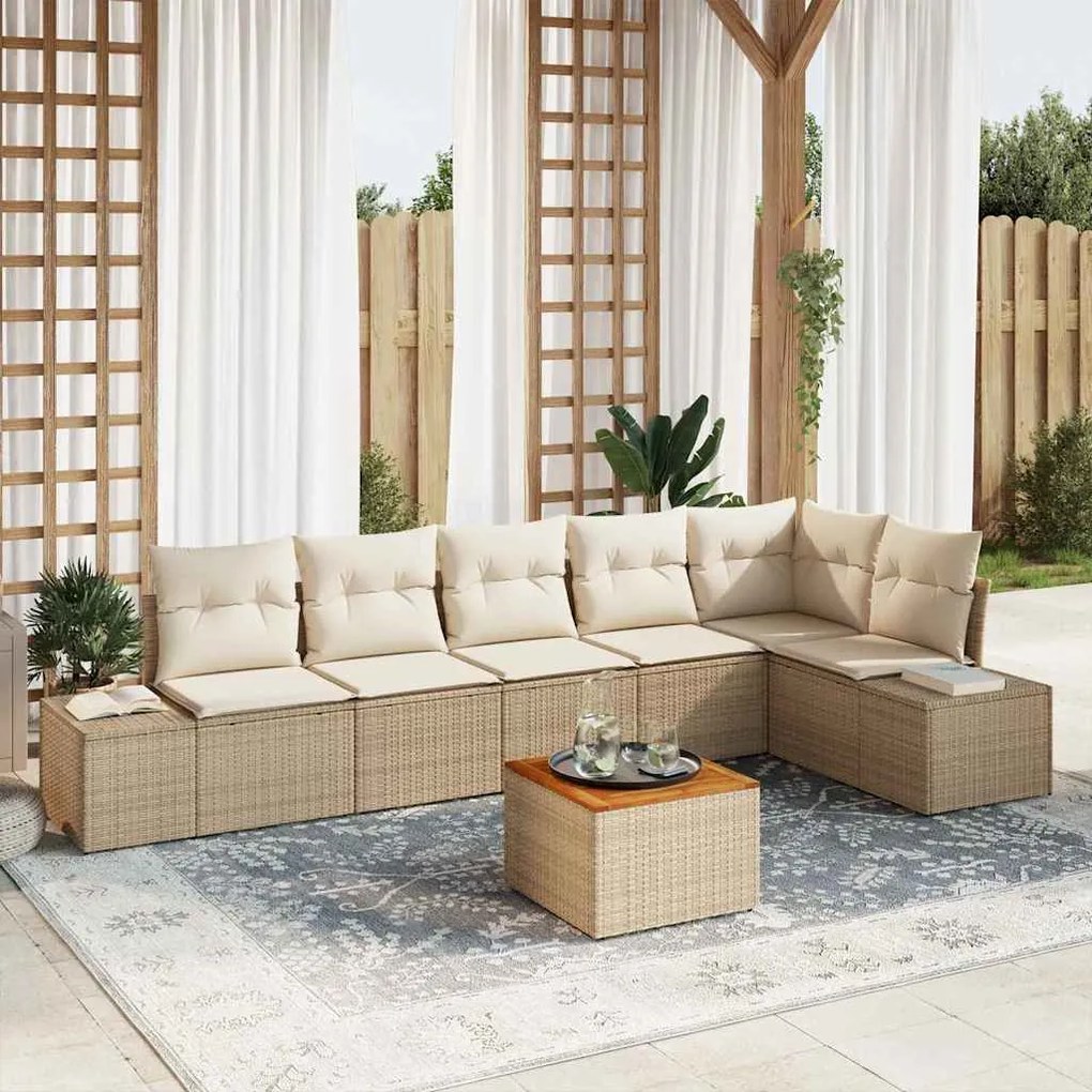 vidaXL Σετ Καναπέ Κήπου με μαξιλάρι 7 pcs Μπεζ Πολυ ράταν
