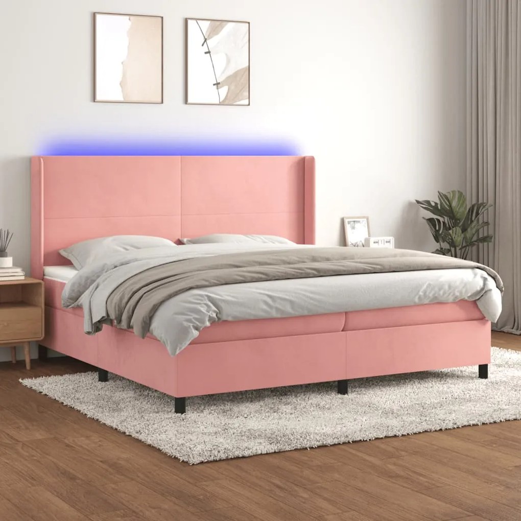 vidaXL Κρεβάτι Boxspring με Στρώμα &amp; LED Ροζ 200x200 εκ. Βελούδινο