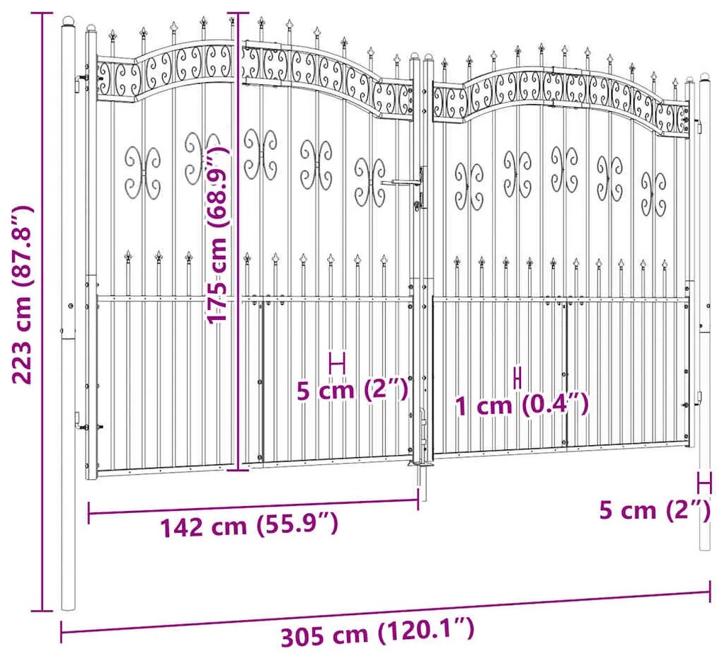 vidaXL Πόρτα Περίφραξης με Κορυφή Δόρυ Μαύρη 305x175 εκ. από Ατσάλι με Ηλεκτροστατική Βαφή