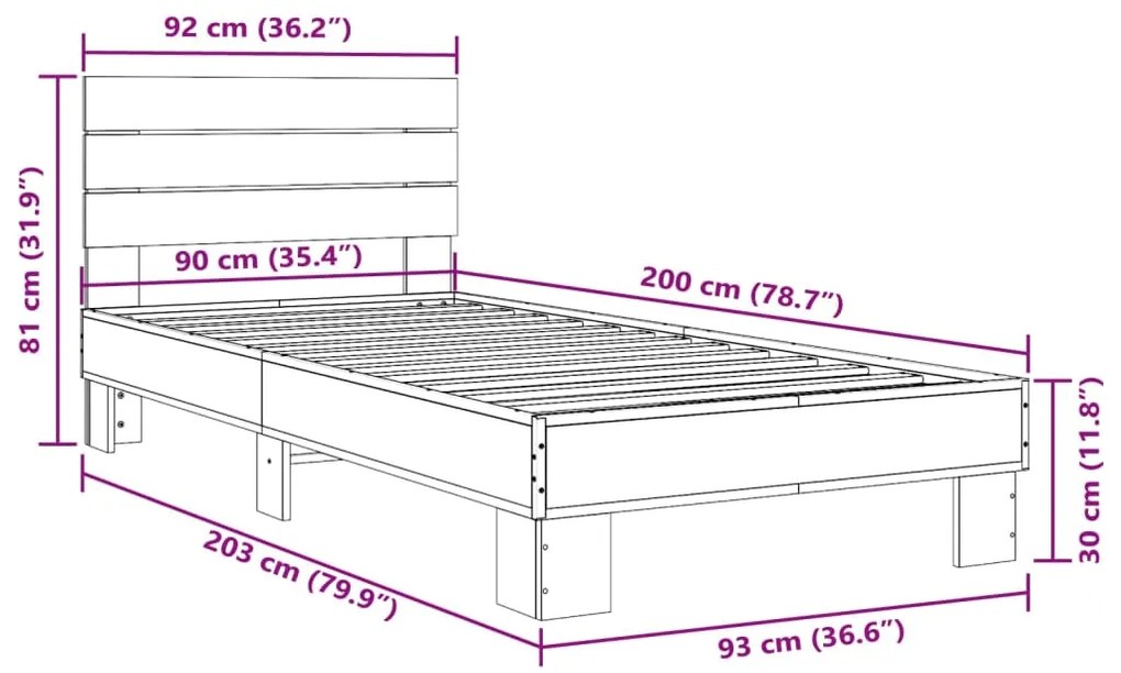 Πλαίσιο Κρεβατιού Sonoma Δρυς 90x200 εκ. Επεξ. Ξύλο &amp; Μέταλλο - Καφέ