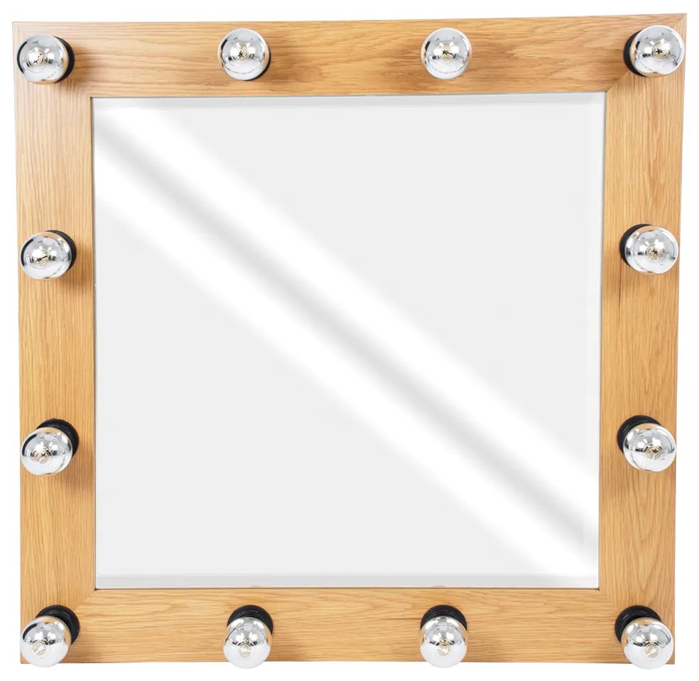 GloboStar® MAKEUP MIRROR-80x80-1 Μοντέρνος Καθρέπτης Μακιγιάζ με Πλαίσιο Φυσικού Ξύλου με Διακόπτη On/Off 12 x E27 AC220-240V - Μ80 x Π7 x Υ80cm - Μπεζ Δρυς