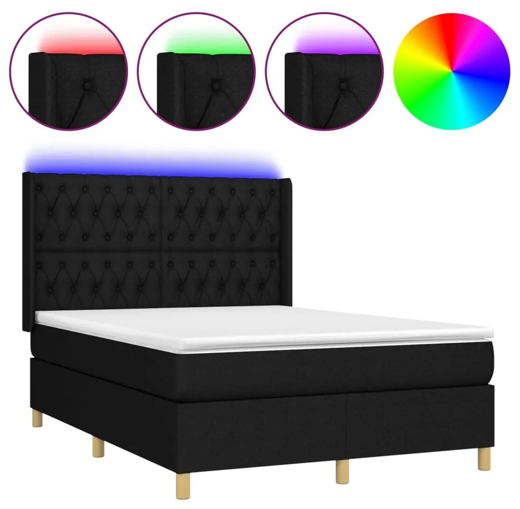 Κρεβάτι Boxspring με Στρώμα &amp; LED Μαύρο 140x200 εκ. Υφασμάτινο - Μαύρο