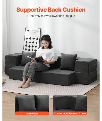 VEVOR Folding Sofa Bed 3-in-1 Foldable Couch Bed with 3 Pillows Dark Grey Twin