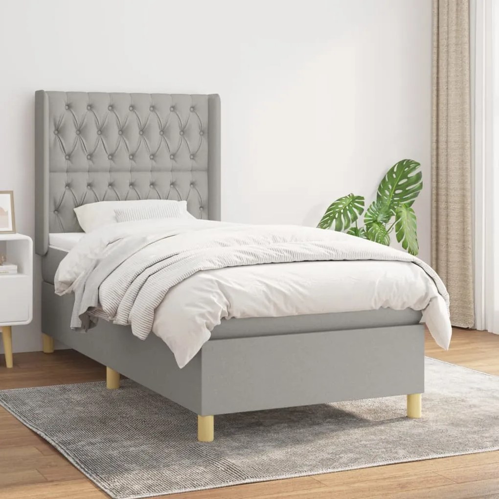 vidaXL Κρεβάτι Boxspring με Στρώμα Ανοιχτό Γκρι 90x200 εκ. Υφασμάτινο