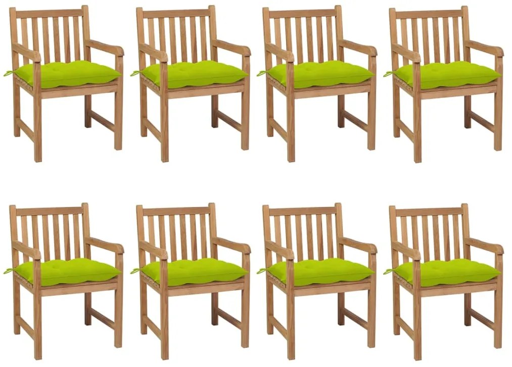 vidaXL Καρέκλες Κήπου 8 τεμ. Μασίφ Ξύλο Teak με Φωτ. Πράσινα Μαξιλάρια