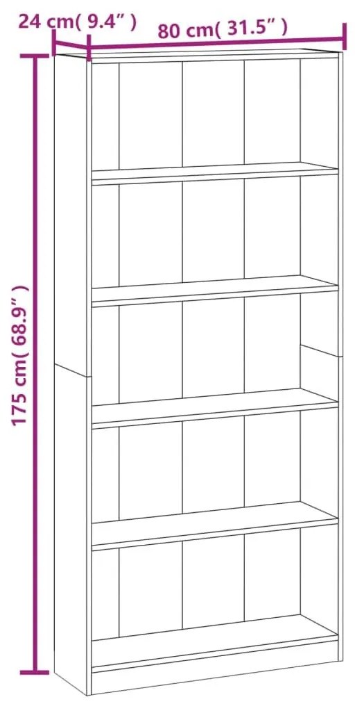 Βιβλιοθήκη με 5 Ράφια Γκρι Sonoma 80x24x175 εκ. Επεξεργ. Ξύλο - Γκρι