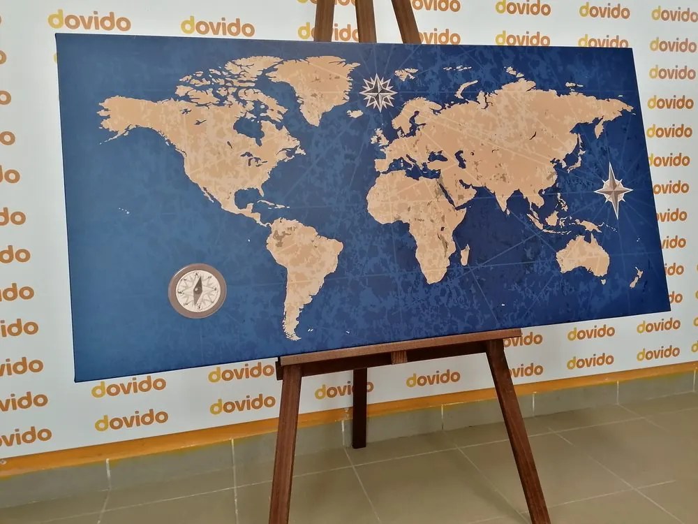 Εικόνα στον παγκόσμιο χάρτη φελλού με πυξίδα σε ρετρό στυλ σε μπλε φόντο - 100x50  color mix