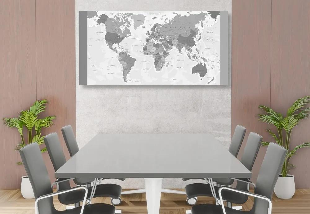 Εικόνα σε φελλό λεπτομερής παγκόσμιος χάρτης σε ασπρόμαυρο σχέδιο - 100x50  place
