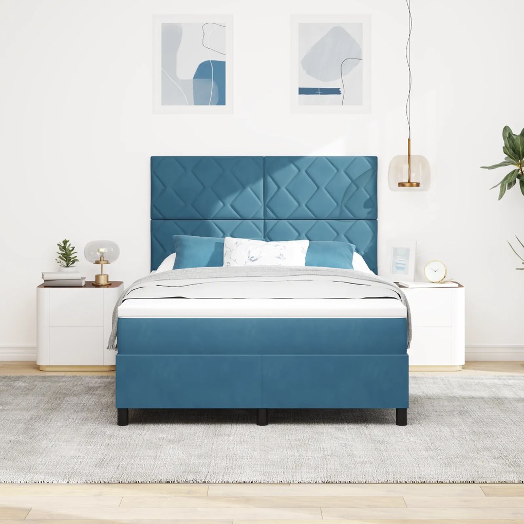 vidaXL Κρεβάτι Box Spring με Στρώμα Σκούρο Μπλε 140x190 cm Βελούδο