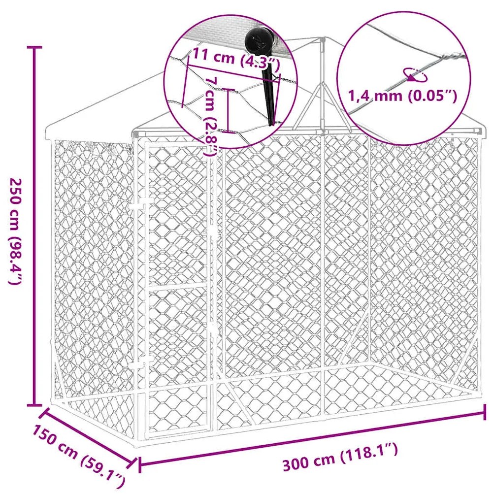 vidaXL Κλουβί Σκύλου Εξ. Χώρου με Οροφή Ασημί 3x1,5x2,5 μ Γαλβ. Ατσάλι