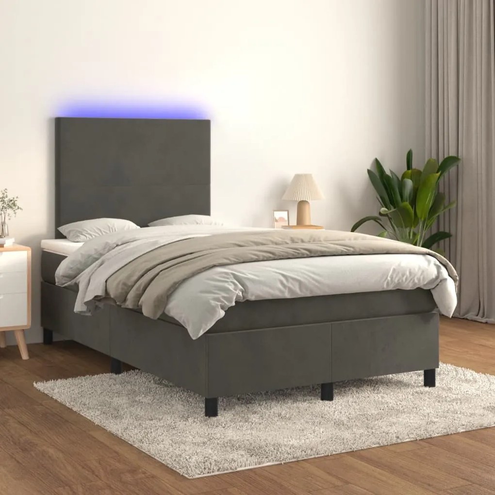 vidaXL Κρεβάτι Boxspring με Στρώμα & LED Σκ.Γκρι 120x190εκ. Βελούδινο