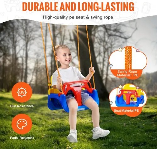 VEVOR 3-in-1 Toddler Swing Seat Baby Swing Seat with Adjustable Ropes Snap Hooks