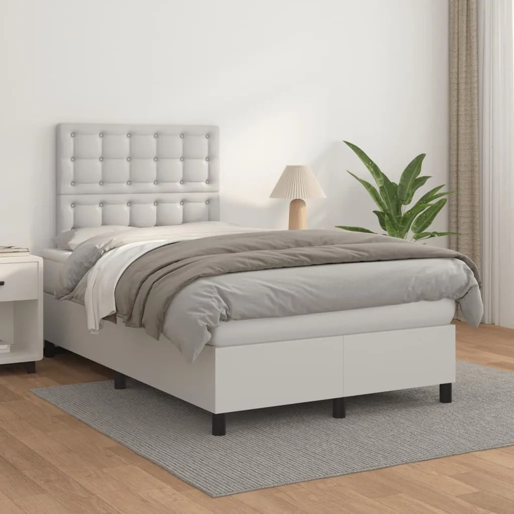 vidaXL Κρεβάτι Boxspring με Στρώμα Λευκό 120x200εκ.από Συνθετικό Δέρμα