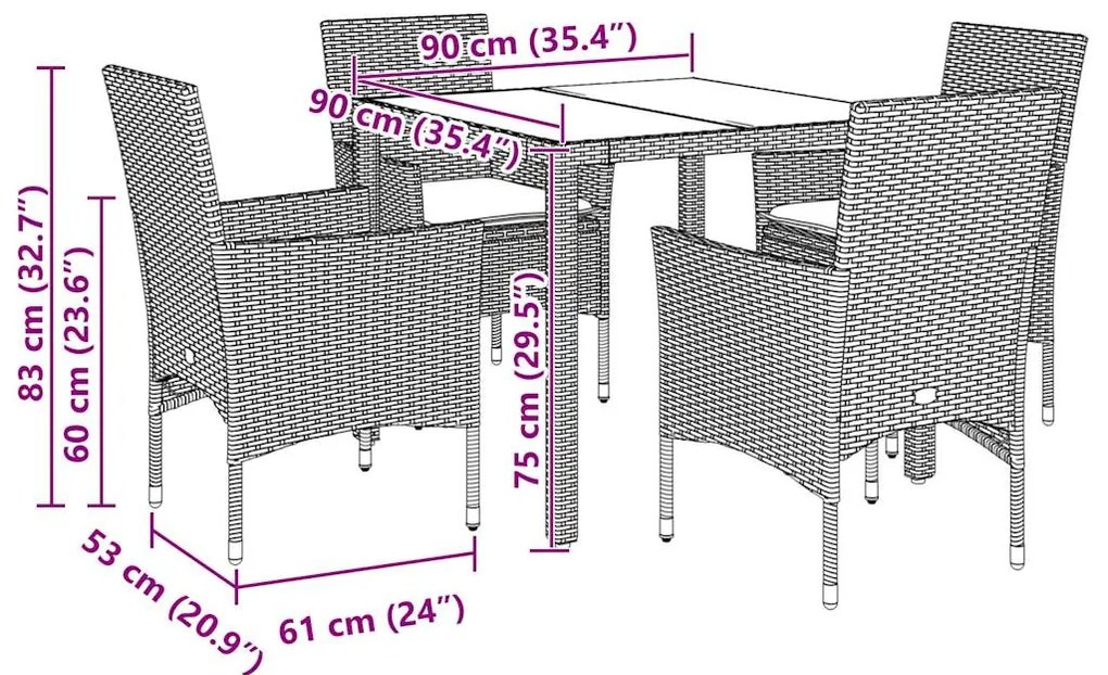 vidaXL Σετ Τραπεζαρίας Κήπου 5 τεμ. Γκρι Συνθ.Ρατάν/Γυαλί με Μαξιλάρια