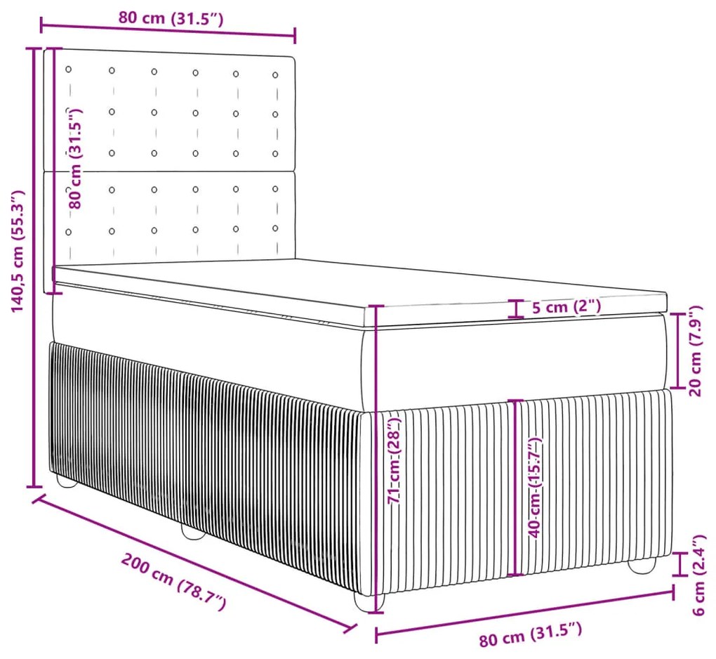 Κρεβάτι Boxspring με Στρώμα Σκούρο Γκρι 80x200 εκ. Βελούδινο - Γκρι