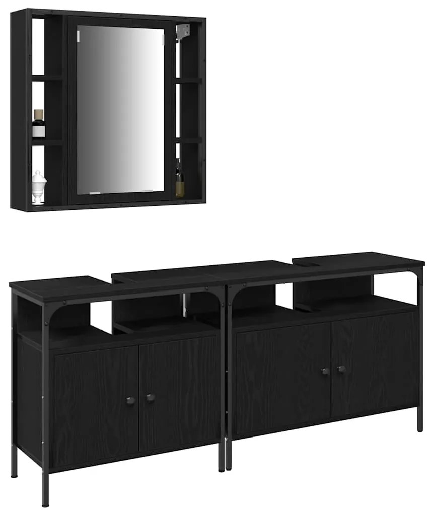 vidaXL Μονάδες Νιπτήρα Μπάνιου με ράφι 3 pcs Μαύρο Επεξεργασμένο ξύλο