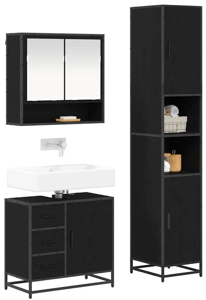 vidaXL Σετ Επίπλων Μπάνιου με ράφι 3 pcs Μαύρη Οξυά Επεξεργασμένο ξύλο