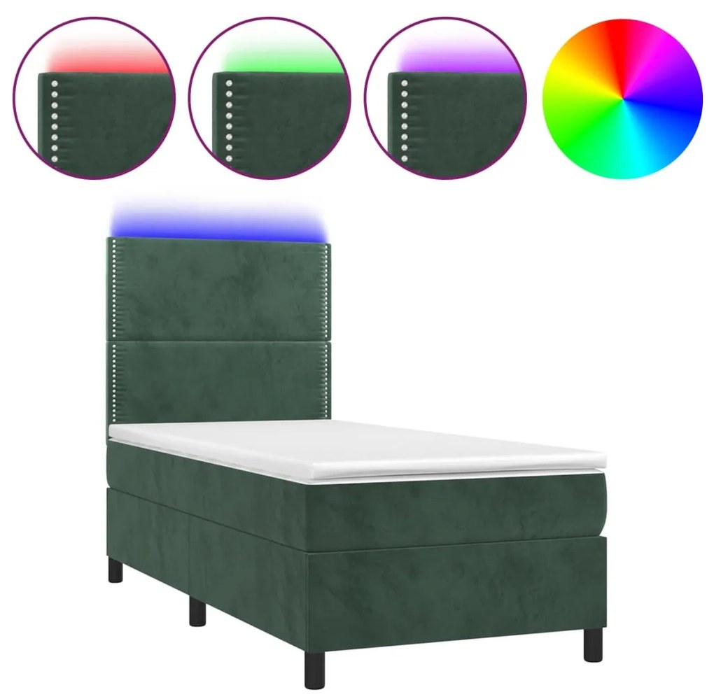 Κρεβάτι Boxspring με Στρώμα &amp; LED Σκ. Πράσινο 90x200 εκ Βελούδο - Πράσινο