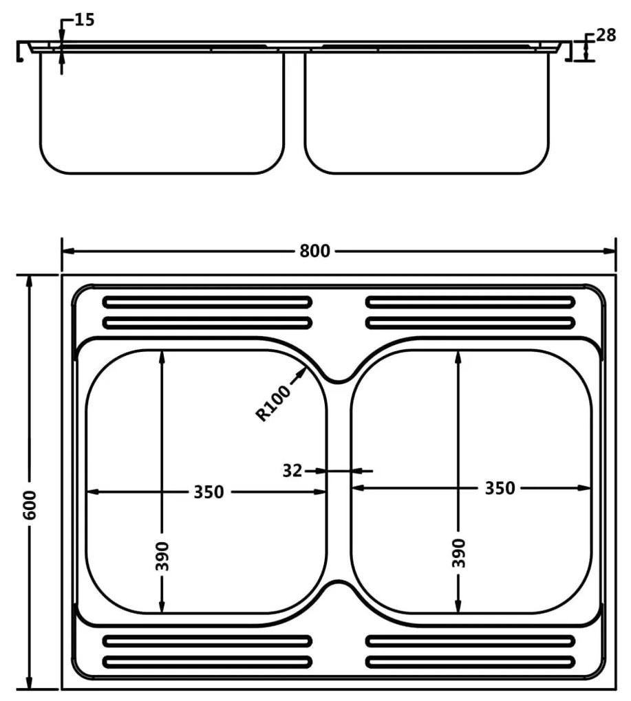 Νεροχύτης Διπλή Γούρνα Ασημί 800x600x155 χιλ. Ανοξείδωτο Ατσάλι - Ασήμι