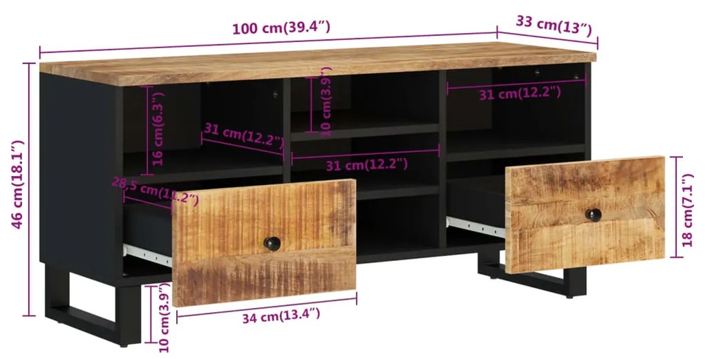 Έπιπλο Τηλεόρασης 100x33x46 εκ. Μασίφ Ξύλο Μάνγκο &amp; Επεξ. Ξύλο - Καφέ