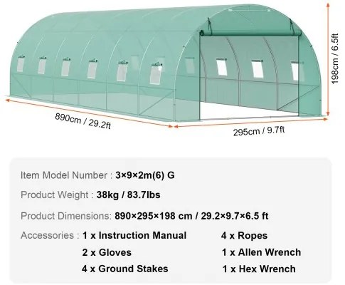 VEVOR Walk-in Tunnel Greenhouse 29.2x9.7x6.5ft Galvanized Frame PE Cover Green