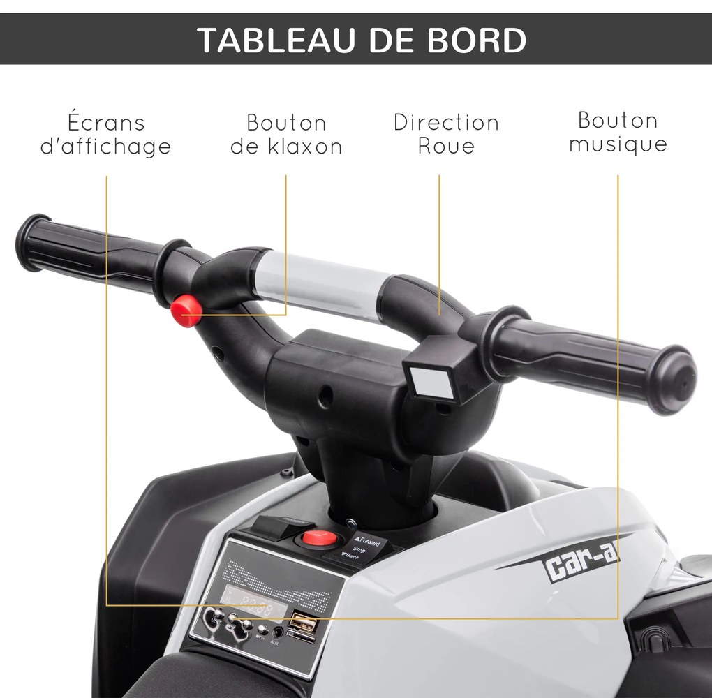 HOMCOM Παιδικό ATV Ηλεκτρικό Παιδικό Αυτοκίνητο, 6 km/h, Ηχητικά και Φωτεινά Εφέ, : 83 cm x 53 cm x 55,5 cm, Μαύρο + Λευκό