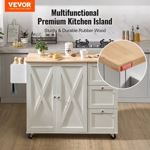 VEVOR Kitchen Island Cart with Solid Wood Top, 45.3&quot; Width Mobile Carts with Storage Cabinet, Rolling Kitchen Table with Spice Rack, Towel Rack, Drop Leaf and Drawer, Portable Islands on Wheels, White