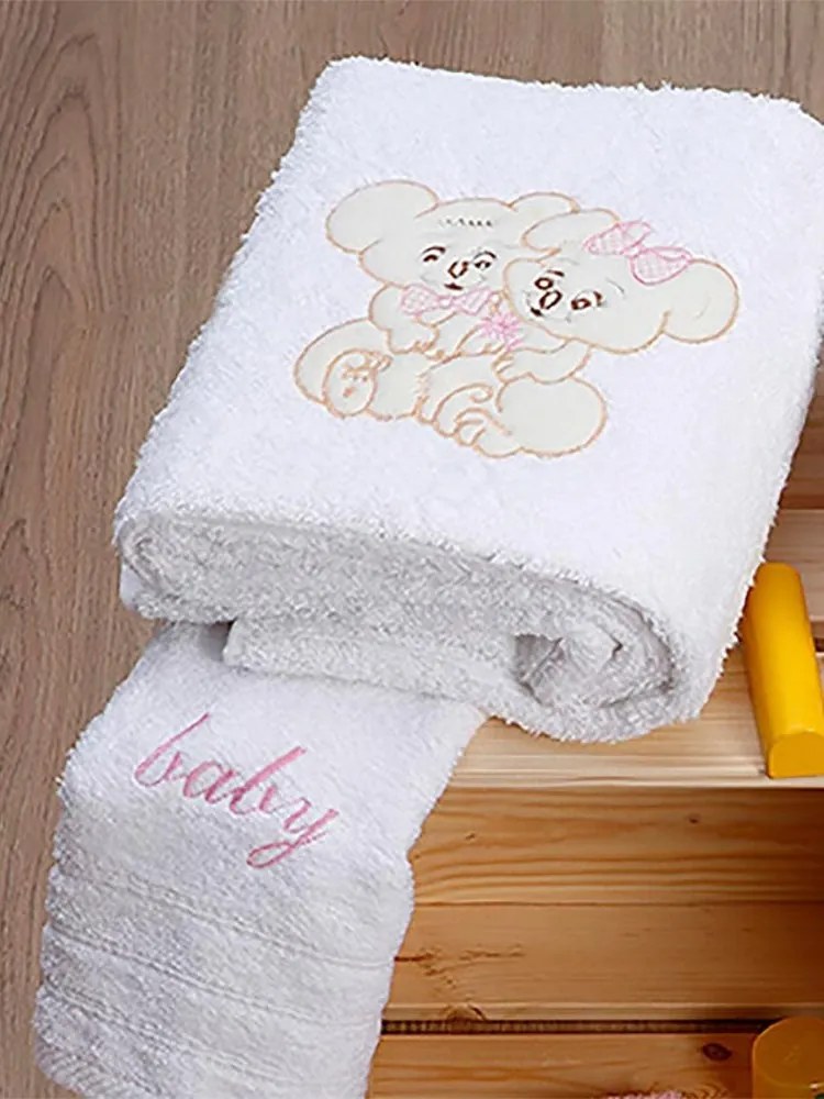 Βρεφικές Πετσέτες Κεντητές Σετ 2 Τεμ. - Sunshine Home Couple 06 White Pink