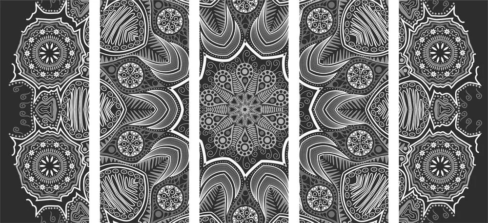 Εικόνα 5 τμημάτων Indian Mandala με λουλουδάτο μοτίβο σε μαύρο & άσπρο - 200x100