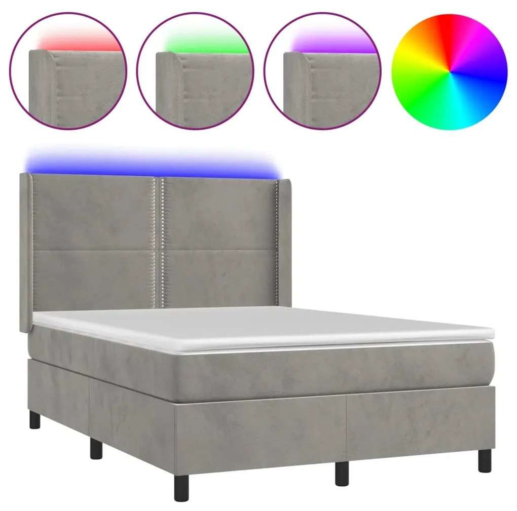 vidaXL Κρεβάτι Boxspring με Στρώμα&LED Αν. Γκρι 140x190 εκ. Βελούδινο