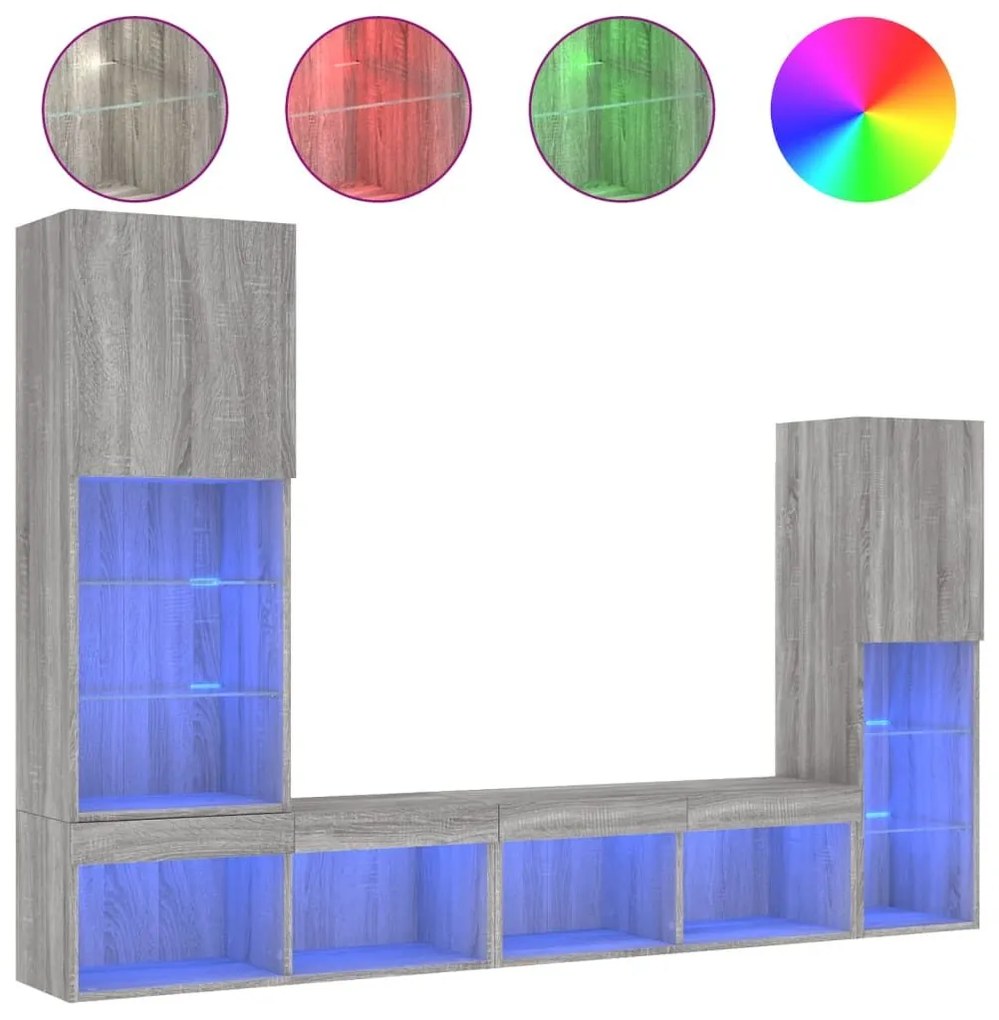 Έπιπλα Τοίχου Τηλεόρασης 4 τεμ. LED Γκρι Sonoma από Επεξ. Ξύλο - Γκρι