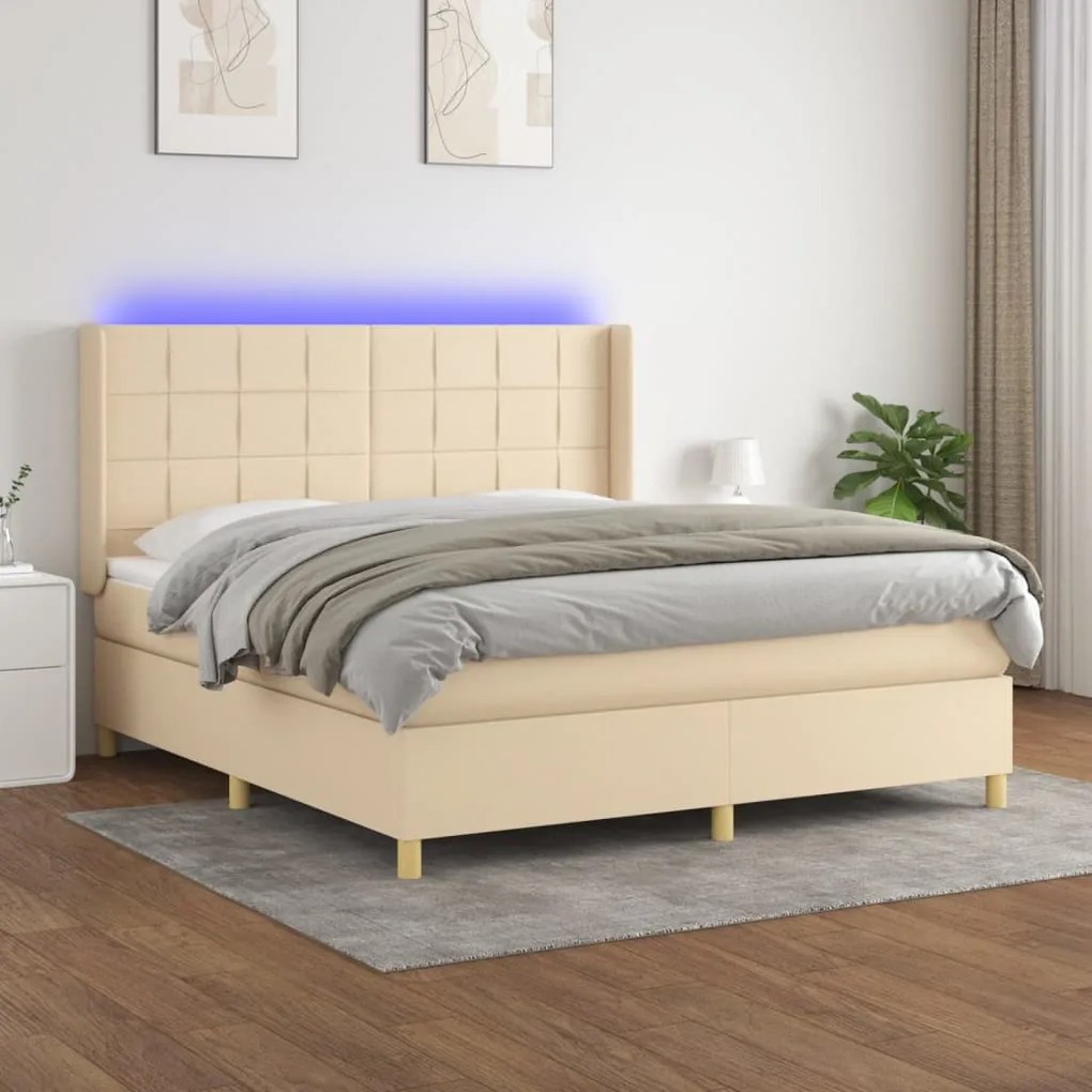 Κρεβάτι Boxspring με Στρώμα &amp; LED Κρεμ 160x200 εκ. Υφασμάτινο