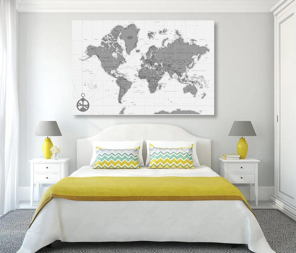 Εικόνα σε φελλό κομψός χάρτης με πυξίδα σε ασπρόμαυρο σχέδιο - 90x60  wooden