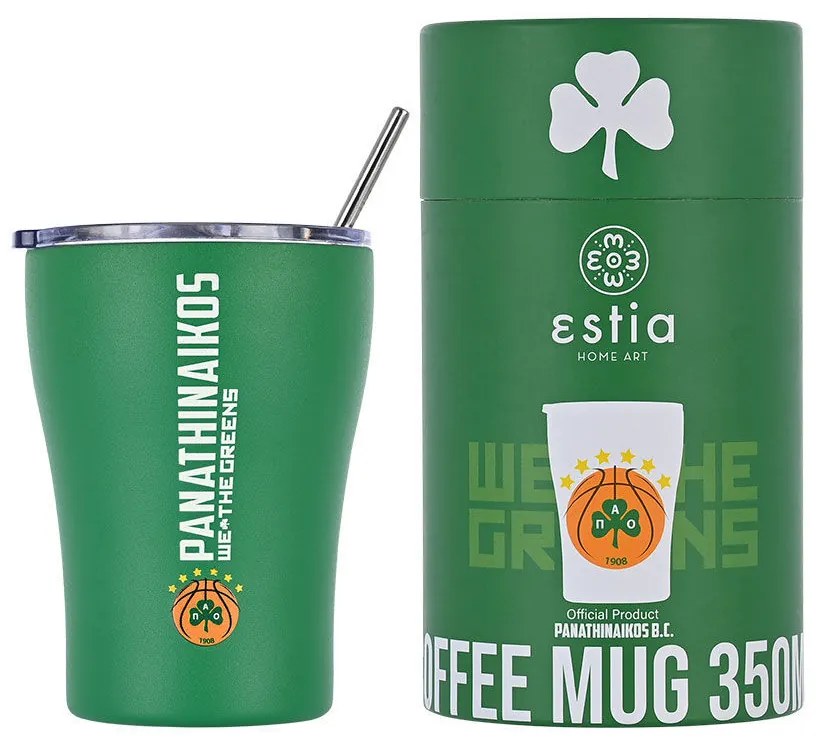 Estia 00-13257 Coffee Mug Panathinaikos B.C. Ποτήρι Θερμός με Καλαμάκι Πράσινο 350ml
