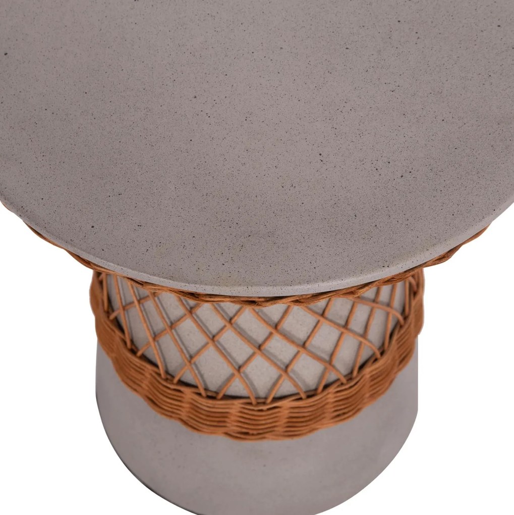 Τραπεζάκι σαλονιού Βοηθητικό DELIA Στρόγγυλο Fiber Cement Γκρί & Rattan Φ40x45Υεκ. 40x40x45 εκ.