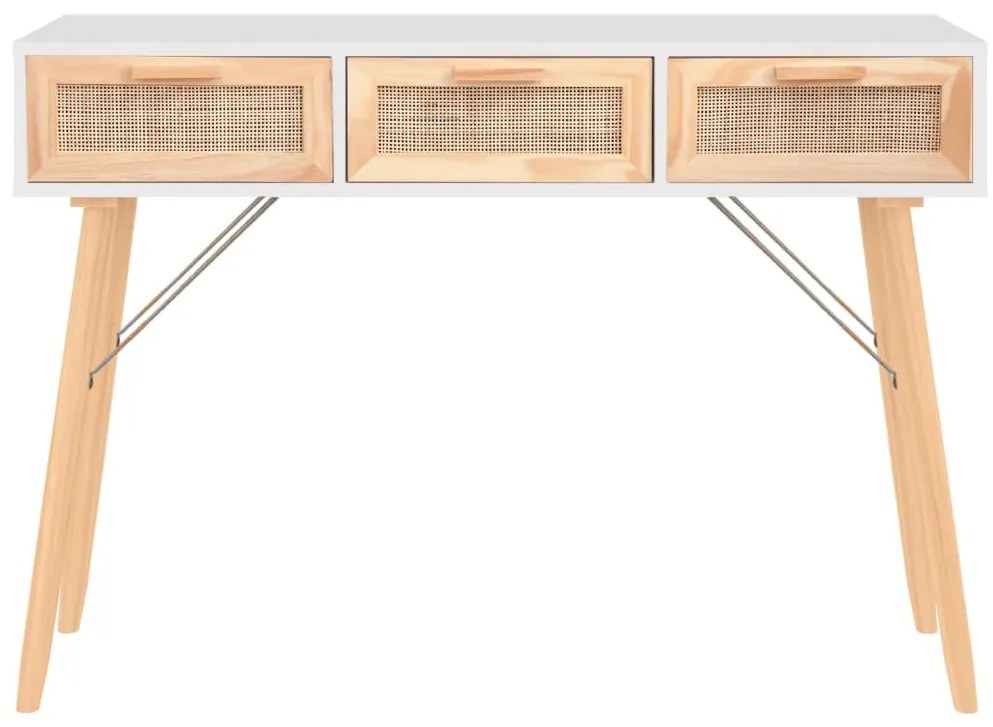 vidaXL Τραπέζι Κονσόλα Λευκό 105x30x75 εκ. Μασίφ Πεύκο &amp; Φυσικό Ρατάν