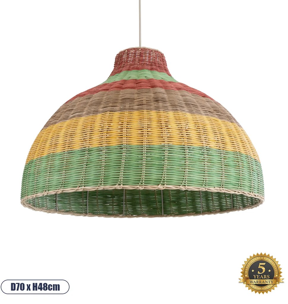 02054 GloboStar® CABALLEROS 02054 Boho Κρεμαστό Φωτιστικό Καμπάνα Μονόφωτο 1 x E27 IP20 Πολύχρωμο Ξύλο - Μ70 x Π70 x Υ48cm